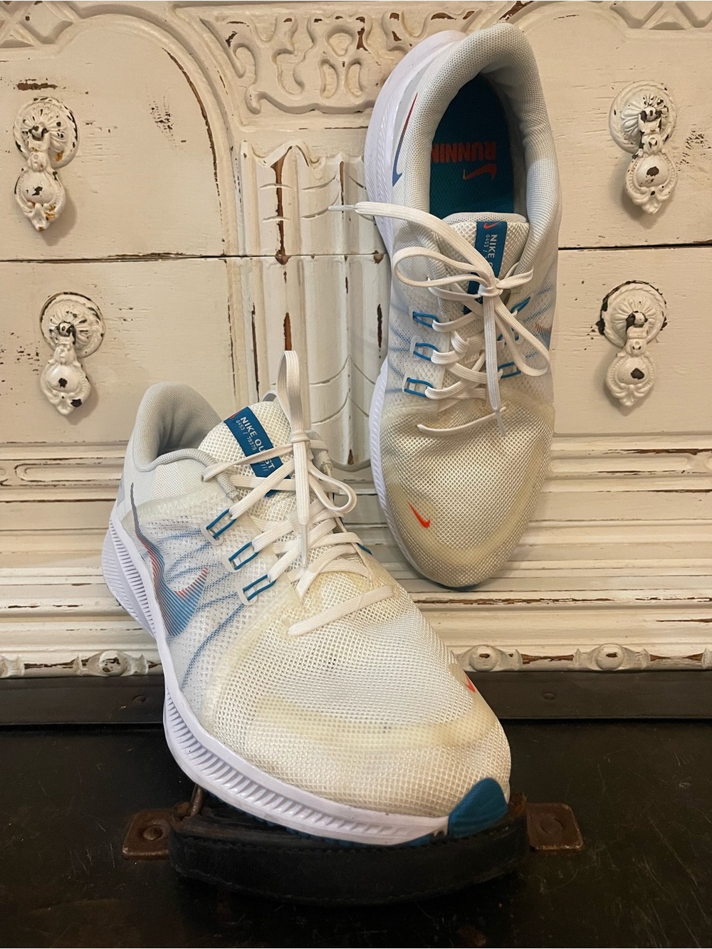 Nike White and Blue Men's Athletic Running Shoes with Orange Accent